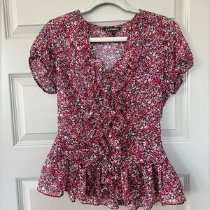 Express Sheer Pink and Purple Floral Ruffled Peplum Top Size Small